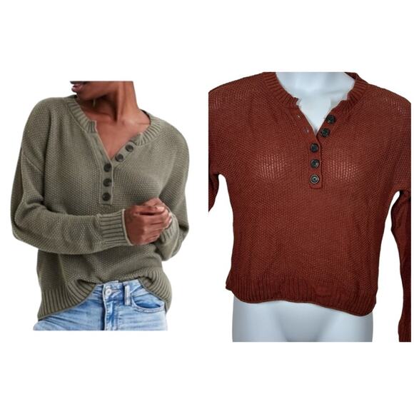 American Eagle Henley Knit Long Sleeve Sweater Rust Brown Size XS - Picture 1 of 11